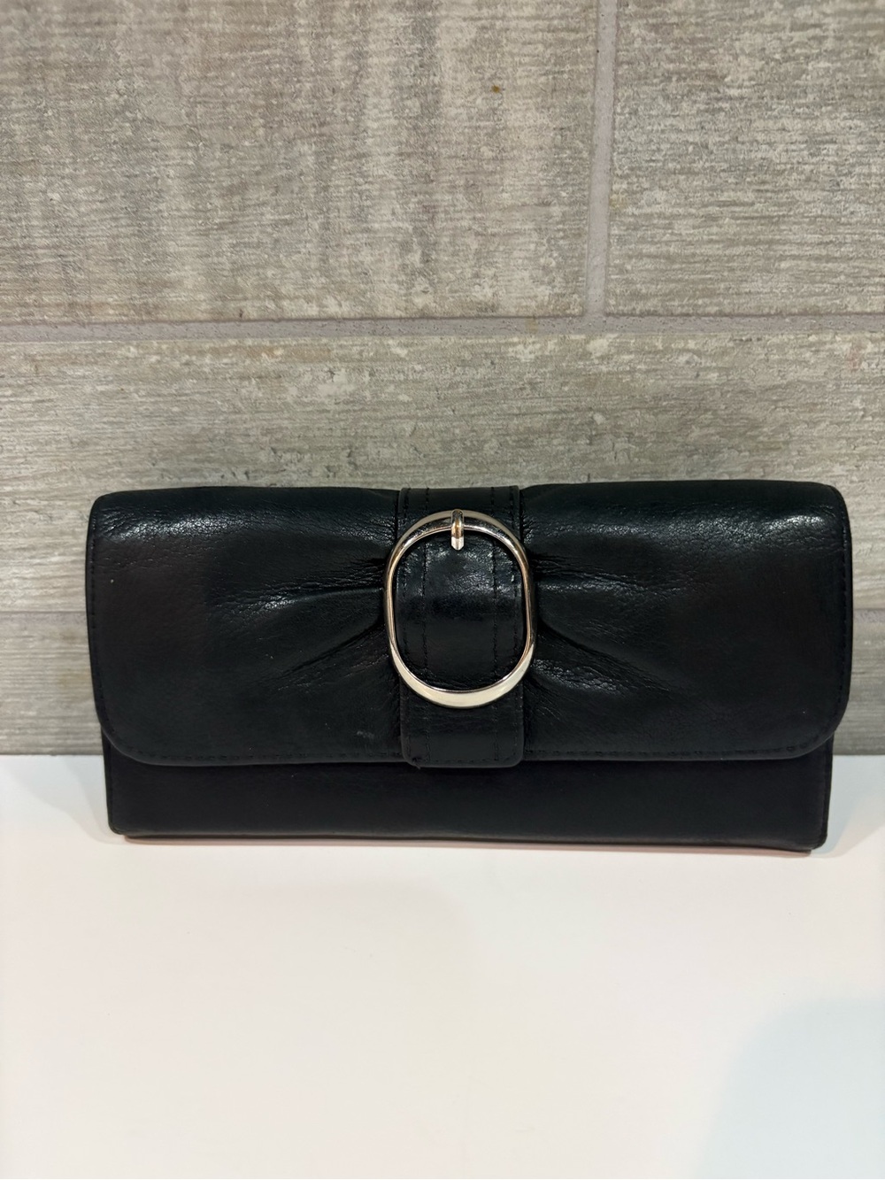 Classic Black Genuine Leather Buckle Clutch Wallet